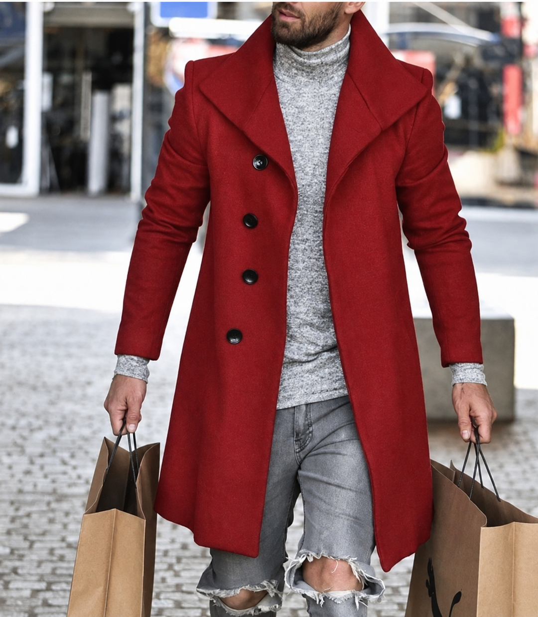 Men's red wool mid-length trench coat