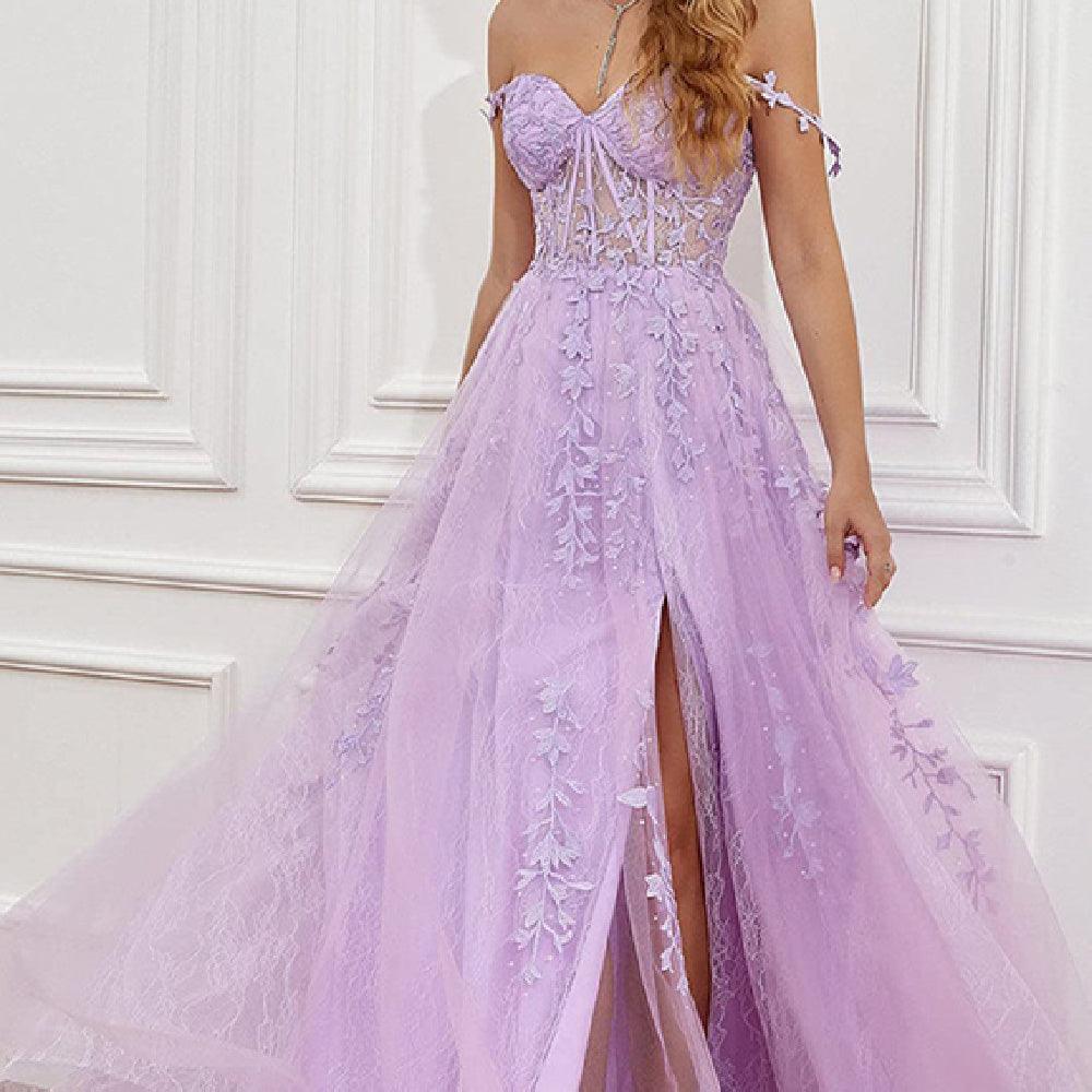 Lavender lace evening dress with spaghetti straps and a thigh slit