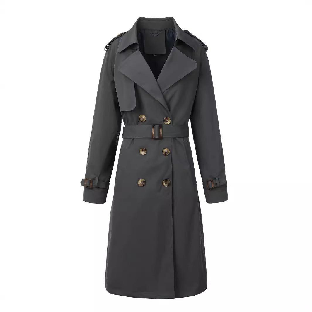 Dark gray double-breasted trench-style windbreaker with belt, gold-tone buttons, long sleeves