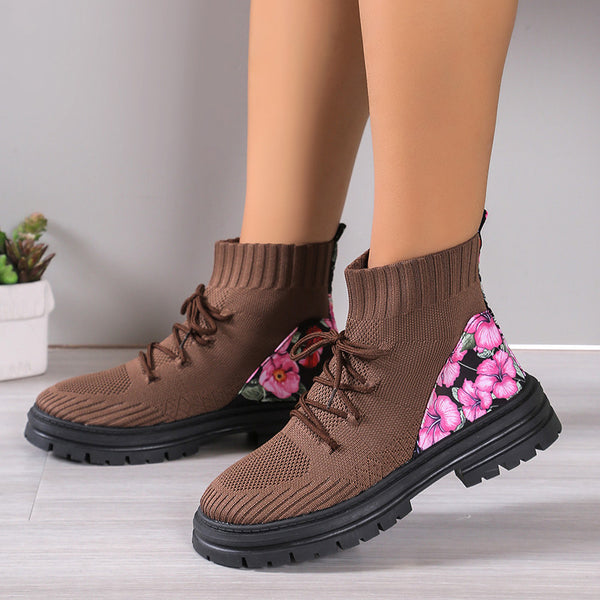 Flowers Print Sock Boots Knitted Mesh Shoes - WOMONA.COM