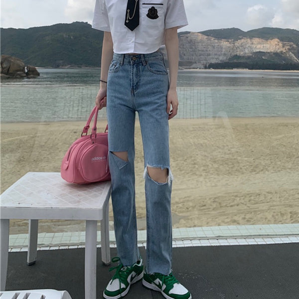 Summer Slim And Ripped Cropped Straight-leg Jeans For Women - WOMONA.COM