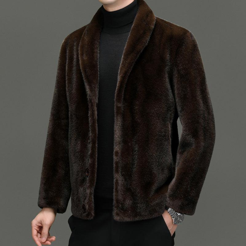 Brown faux-fur padded coat with shawl collar and front button placket