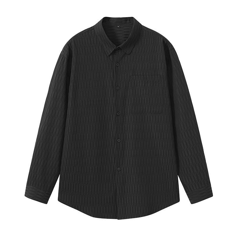 Black pleated long-sleeve button-up shirt, flat lay front with button placket