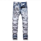 Punk Retro Blue Ripped Slim Elastic Printing Printing And Dyeing Feet Men's Jeans