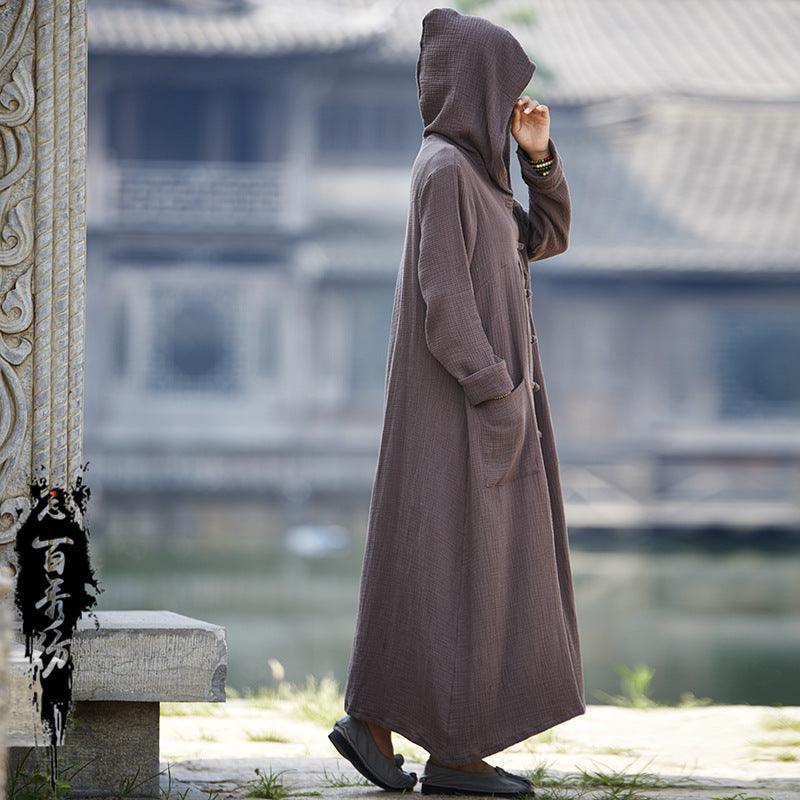 Hooded cloak robe overcoat, dark coffee long loose fit with front placket