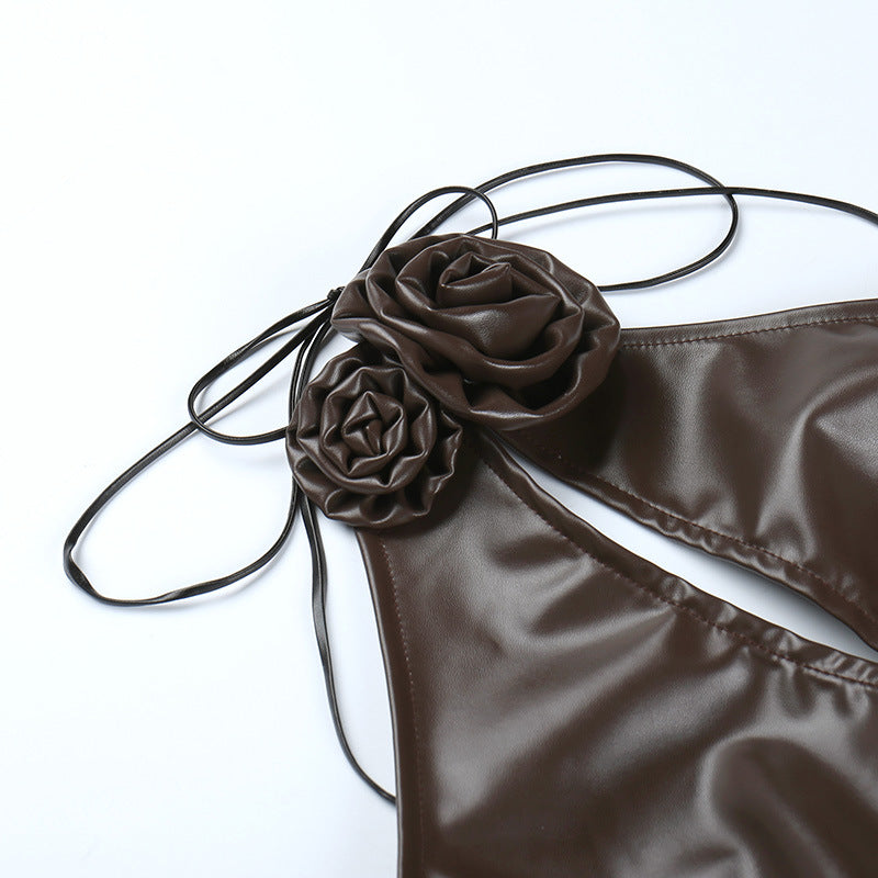 Leather Three-dimensional Flower Halter Sheath Dress - WOMONA.COM