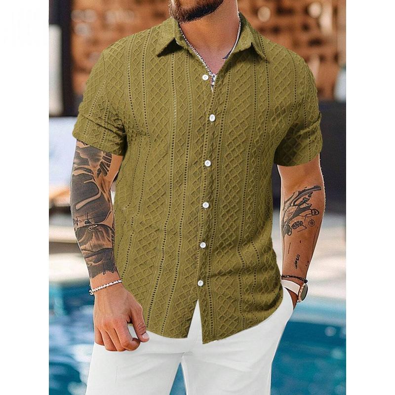 Olive green casual button-sleeve shirt with button front and textured diamond pattern.