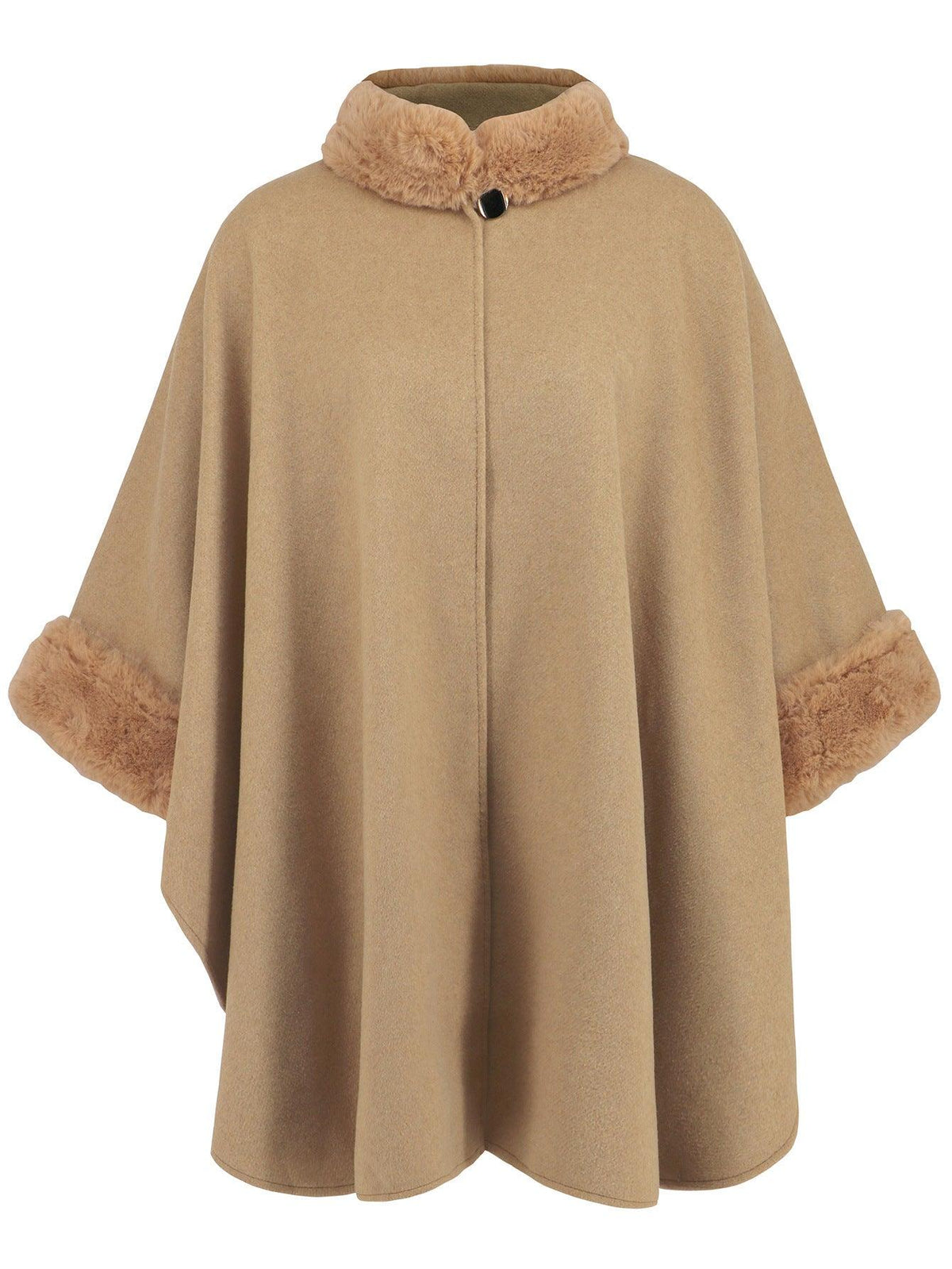 Light beige mid-length coat cape with faux fur collar and button front
