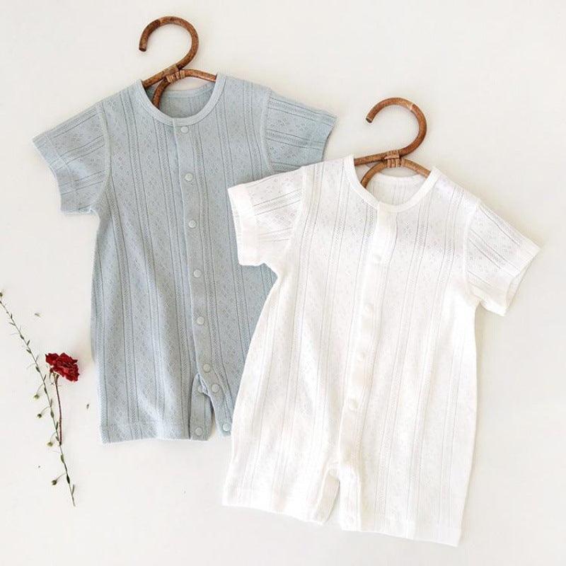 Baby knit one-piece romper, grey-blue, short sleeves, button front, snap legs