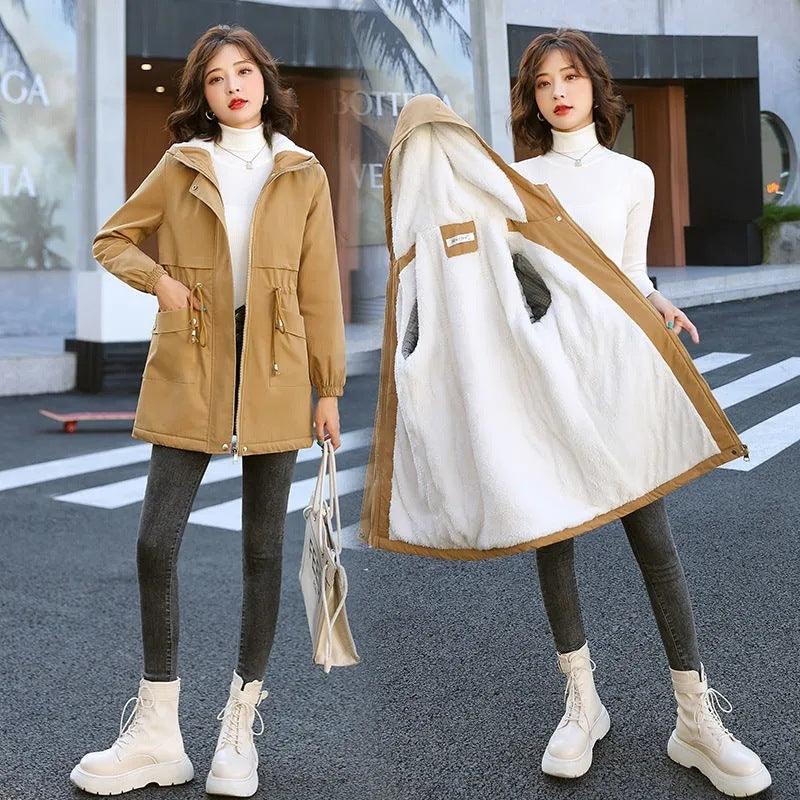 Fleece-lined hooded trench coat, tan zip front with flap pockets and cinched waist