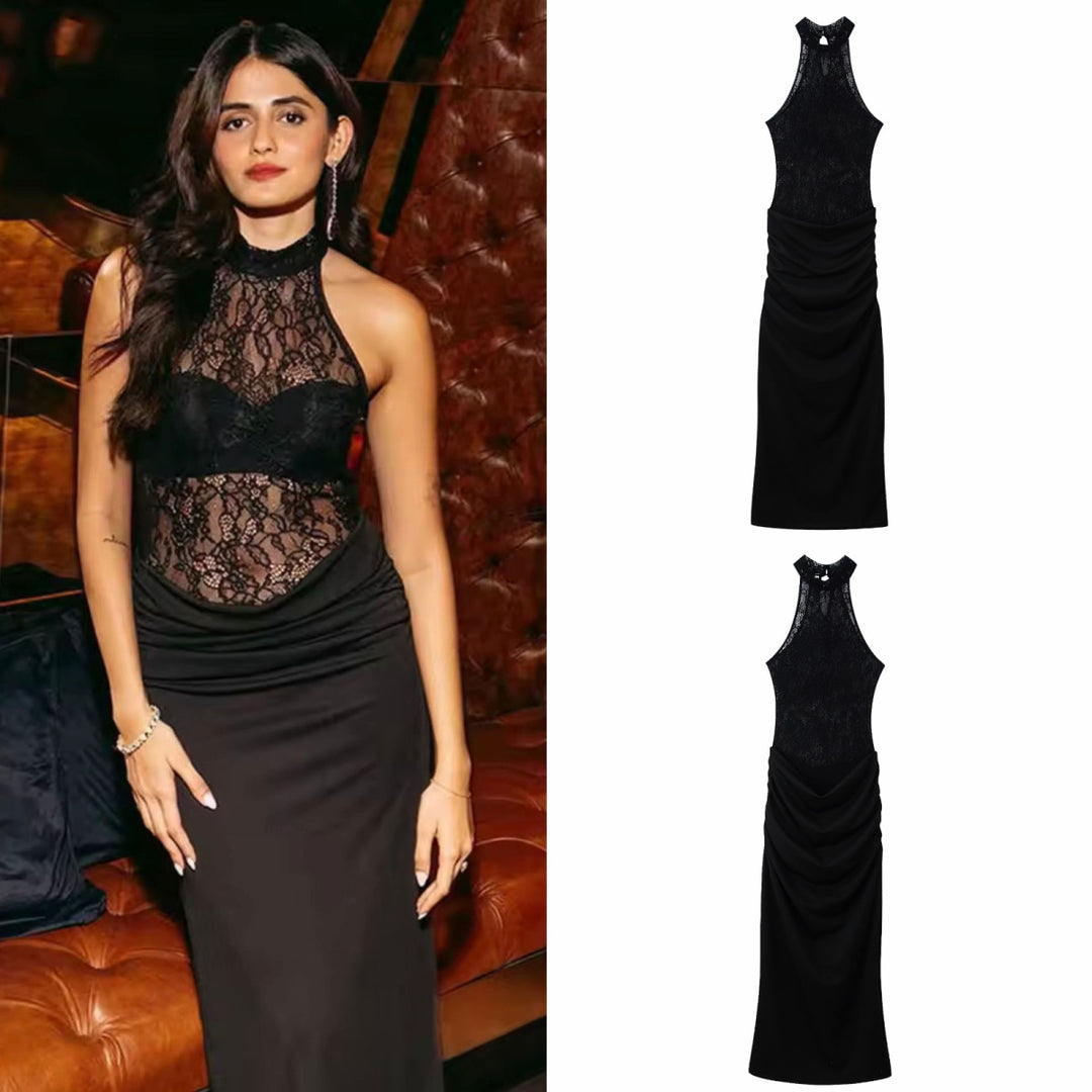Black halter long dress with lace-mesh bodice and ruched draped knit skirt