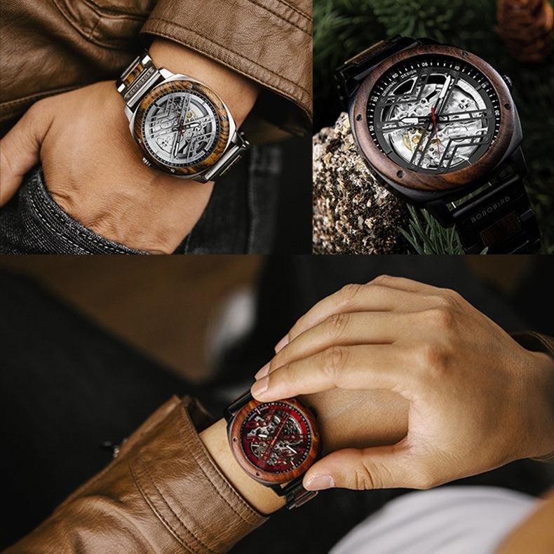 Men's mechanical skeleton watch on wrist, silver dial with wood-toned bezel and black strap