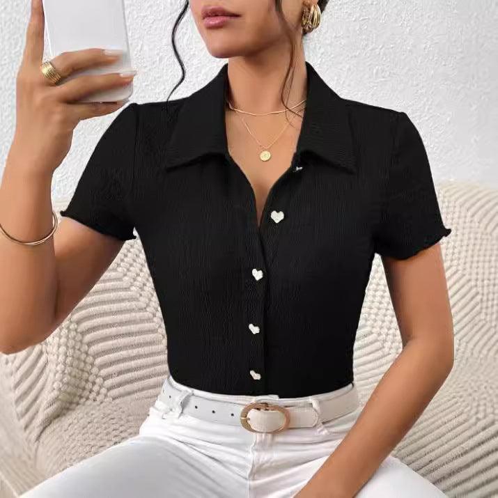 Solid Color Simple Slim Polo Shirt Short Sleeve - WOMONA.COM