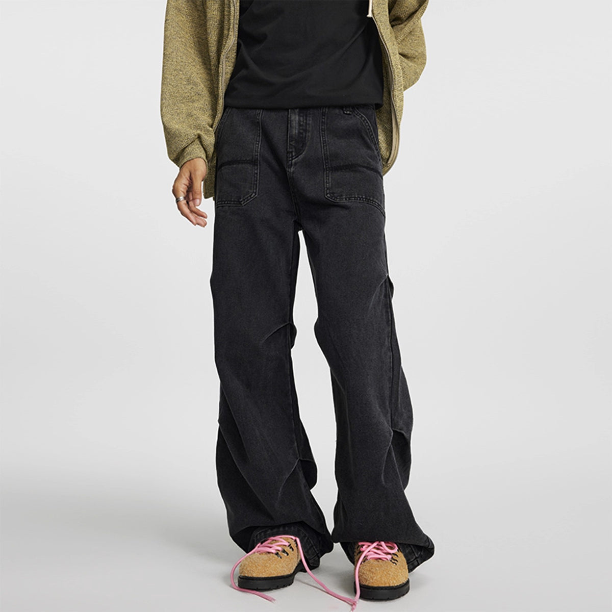 Men's black denim jeans, relaxed fit with front patch pockets and straight leg