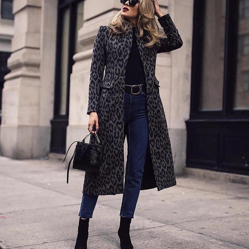Leopard-print mid-length coat with notched turn-down collar, long sleeves