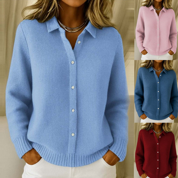 Sky blue knit button-up lapel sweater with long sleeves, ribbed cuffs and hem