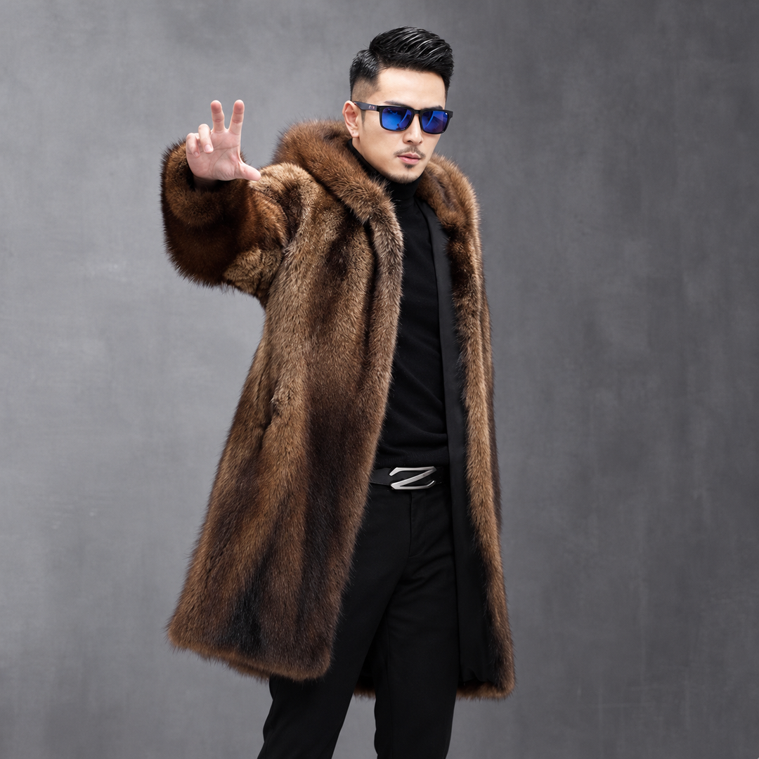 Men's long warm brown fur coat