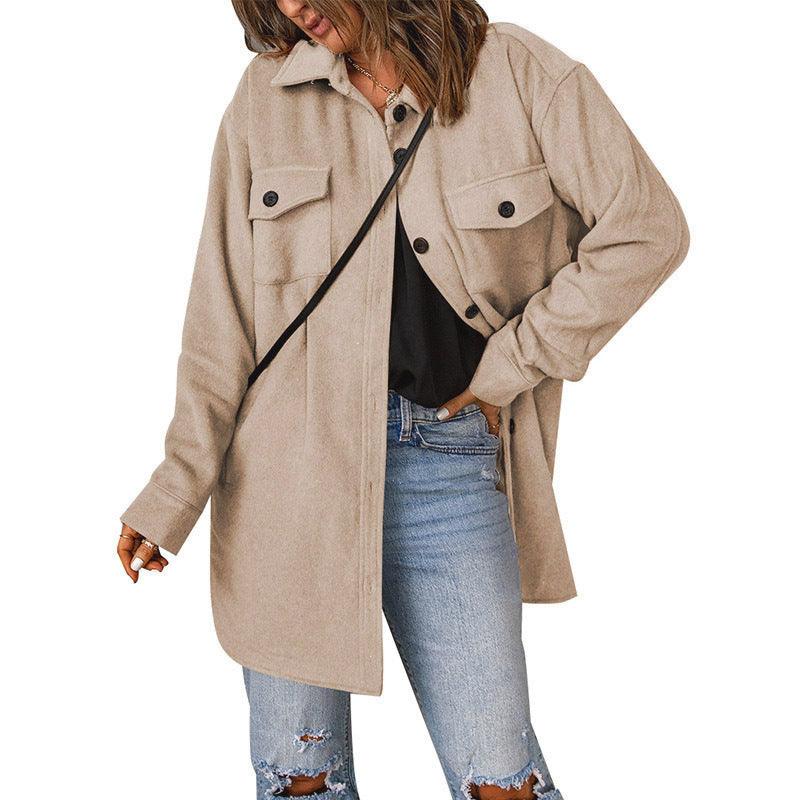 Beige woolen lapel jacket with button front, chest flap pockets, and long sleeves