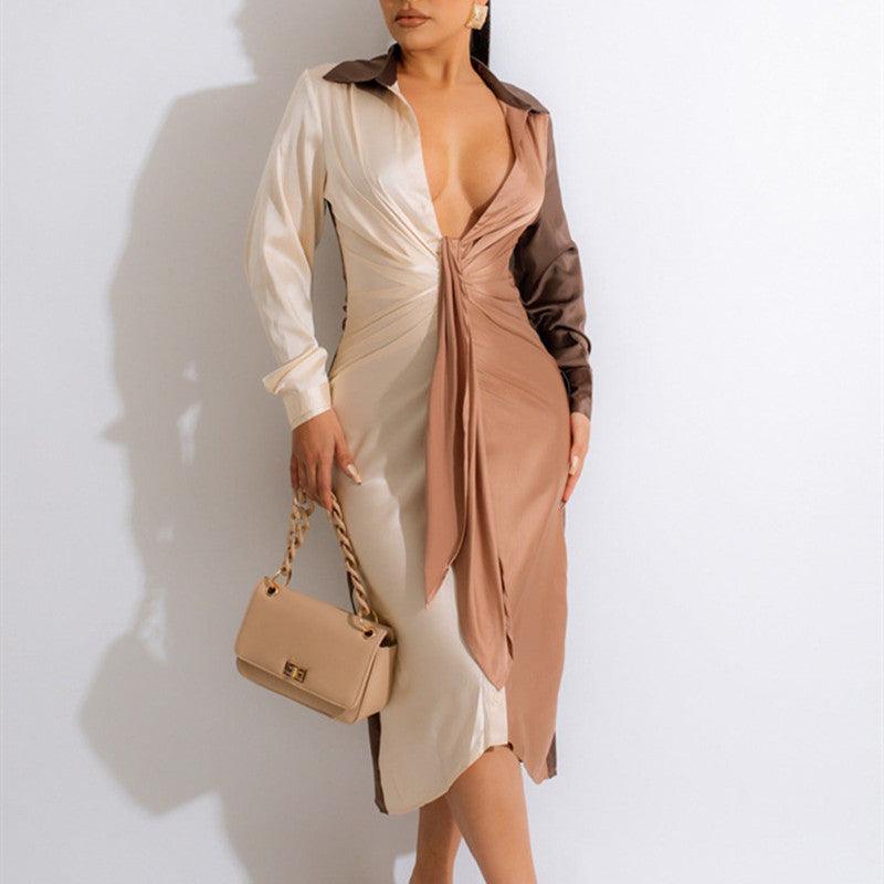 Women's Stitching Strap V-neck Long-sleeve Dress - WOMONA.COM