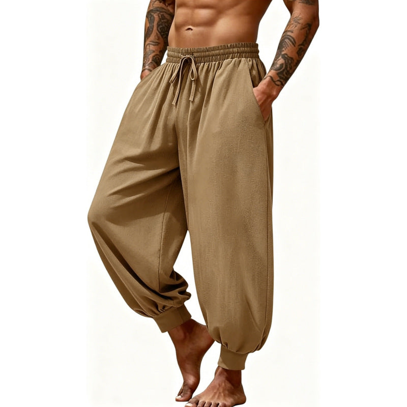 Men's tan jogger pants with drawstring and elastic waistband