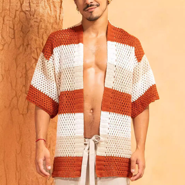 Men's Knitted Fashion Hollowed-out Striped Shirt Loose