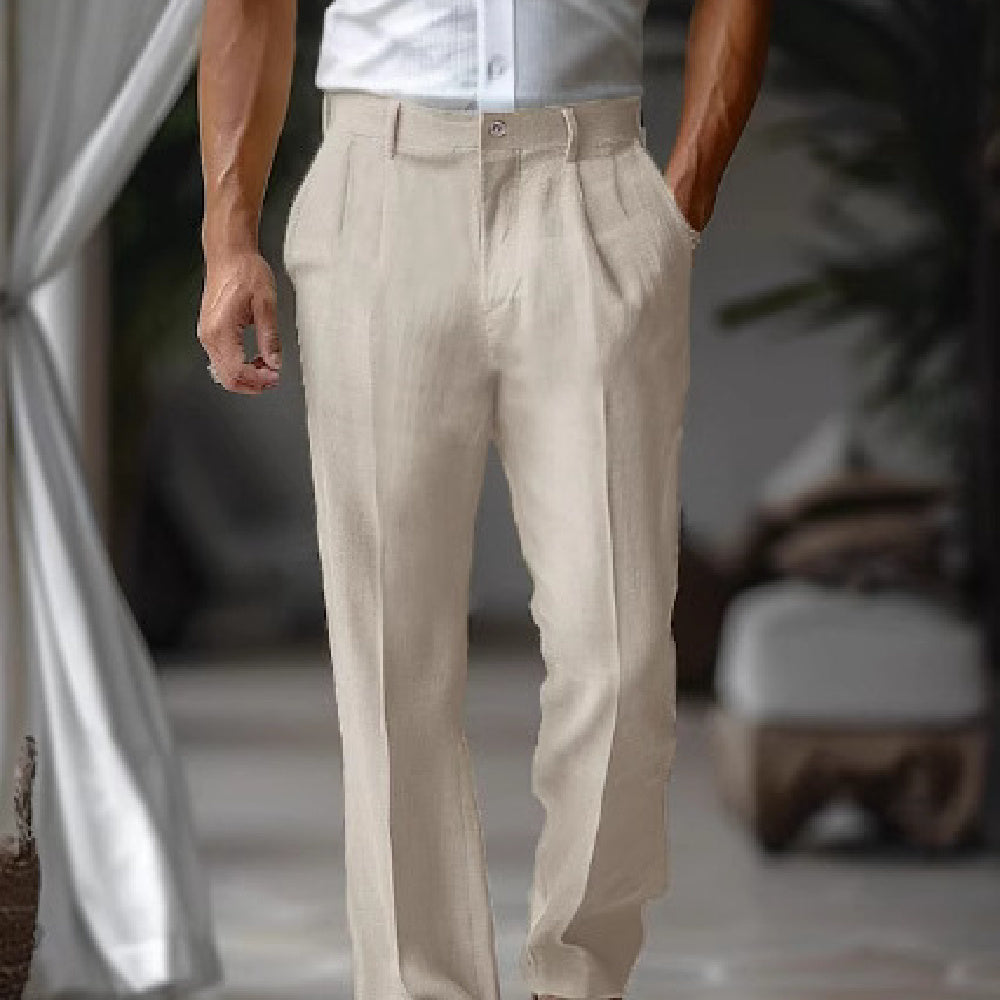 Men's double-pleated front pocket trousers, light khaki/beige, straight leg