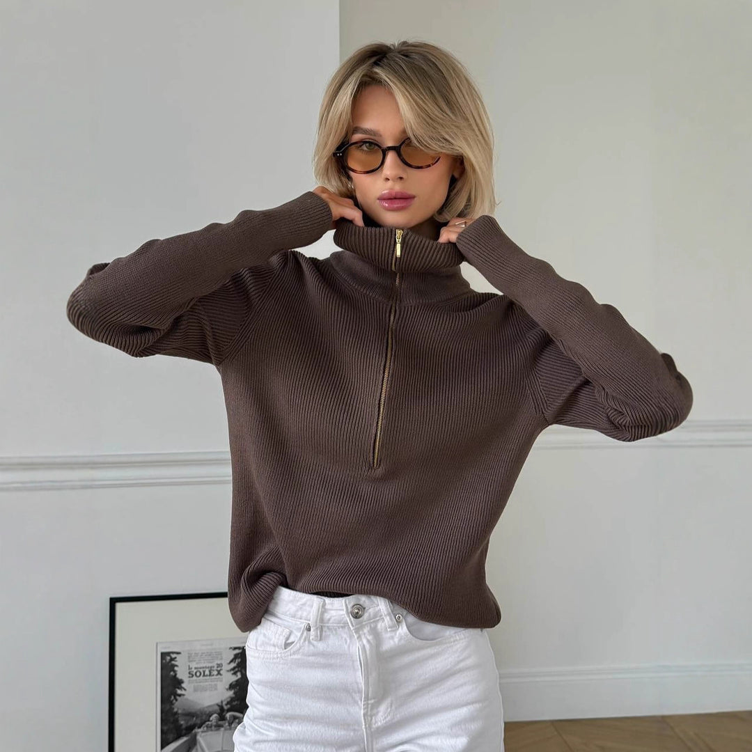 Women's Cotton Ribbed Half-Zip Sweater, Brown - product view 1
