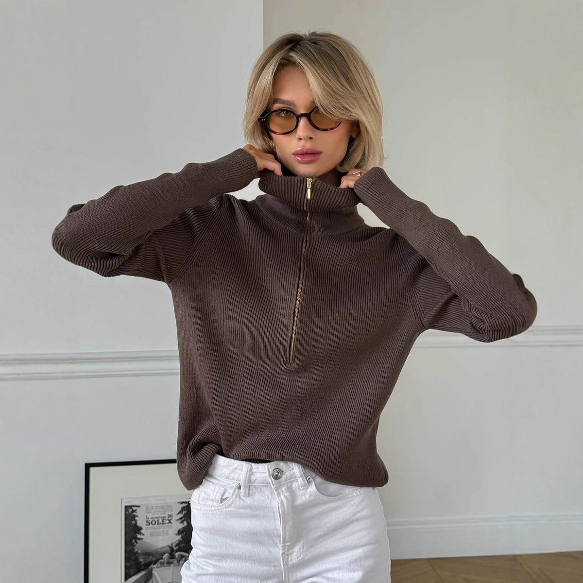 Women's Cotton Ribbed Half-Zip Sweater, Brown - product view 1