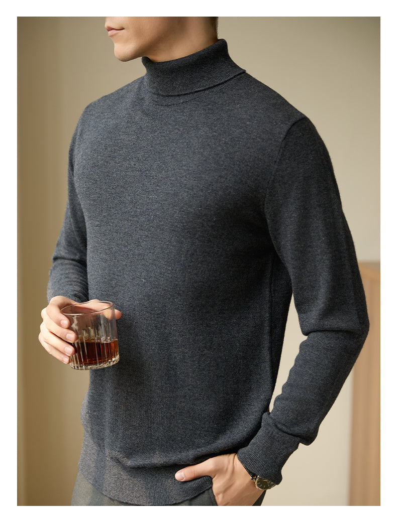 Pure Wool Turtleneck Sweater Men Thermal Slim Fit