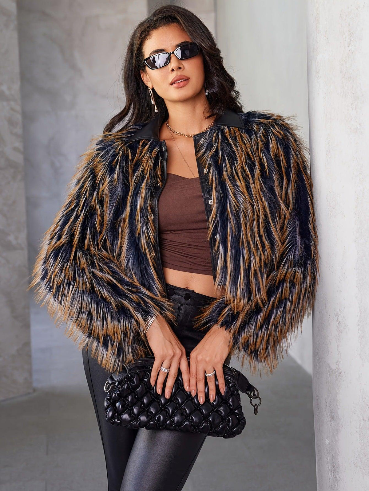 Faux fur short coat in navy blue with tan and black striped texture, open front