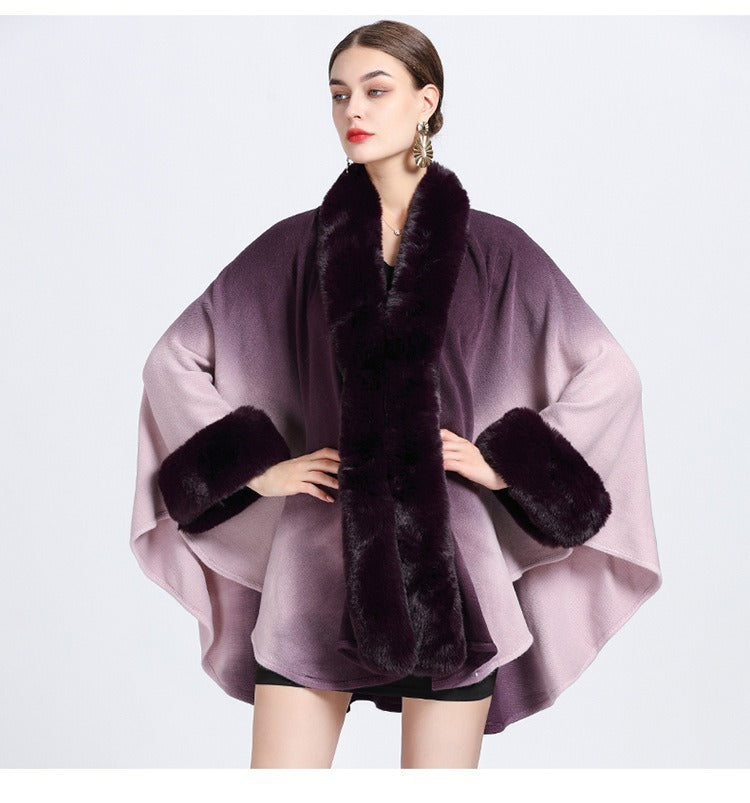 Rabbit Fur Collar Shawl Cape Knitted Cardigan Baggy Coat - WOMONA.COM