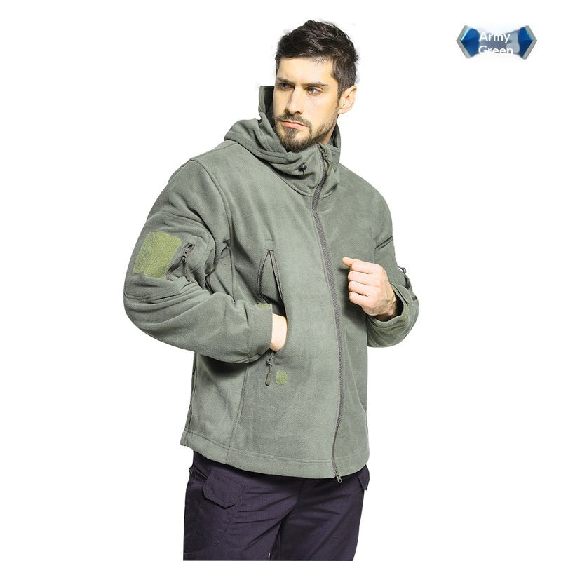Men's outdoor contrast-color hooded insulated fleece jacket in black, khaki, army green and gray – photo 4 of 6