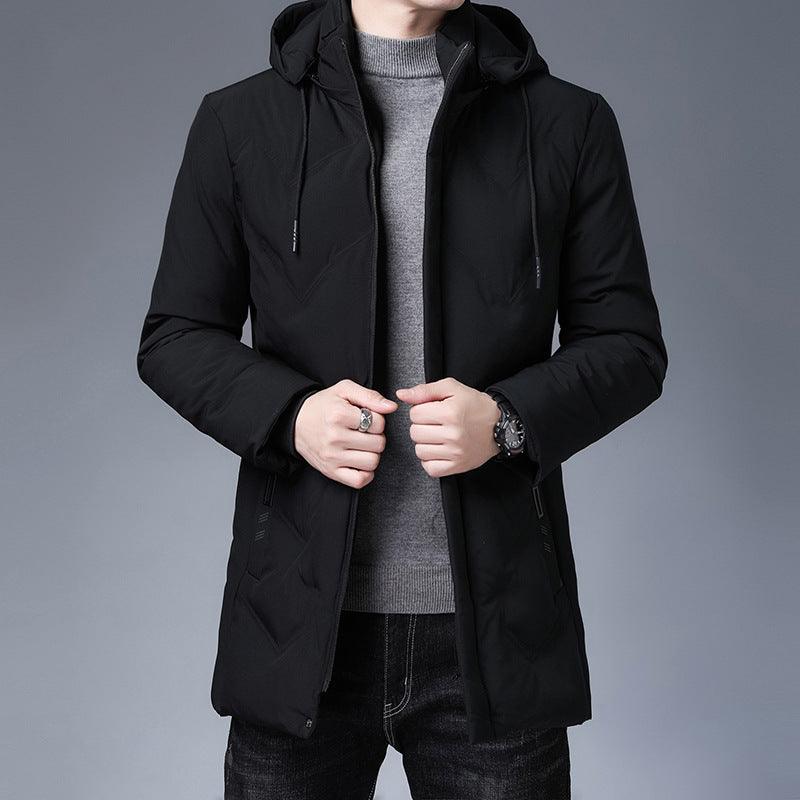 Black hooded warm jacket, front zip placket, drawstring hood, side pockets