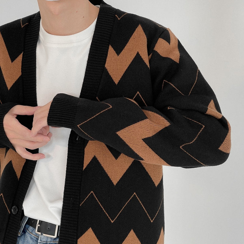 Wave Pattern Cardigan Sweater Men