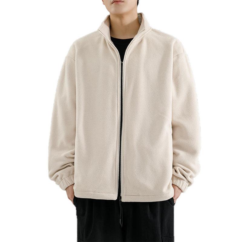 Men's stand-collar polar fleece zip sweater in light beige, long sleeves, ribbed cuffs