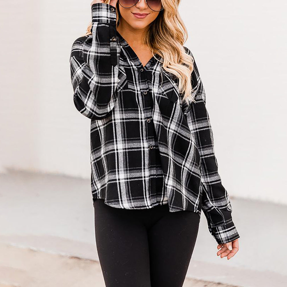 Women's longline black plaid button-up shirt