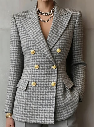 Geometric double-breasted suit jacket in gray houndstooth with gold button details