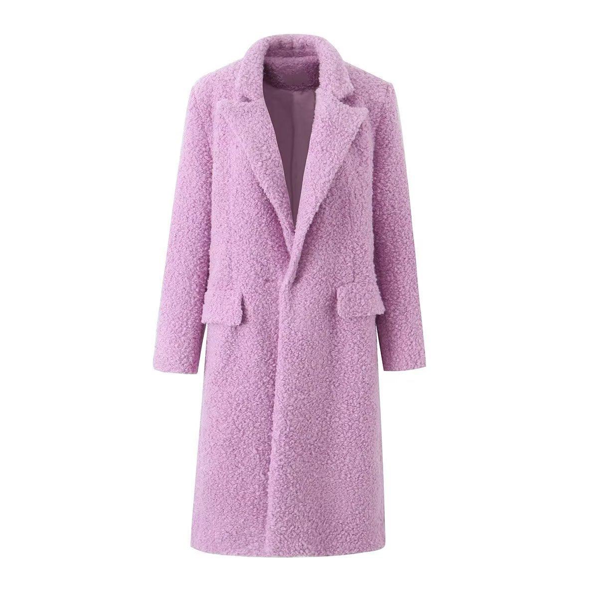 Pink purple long overcoat front view with notch lapels and side pockets