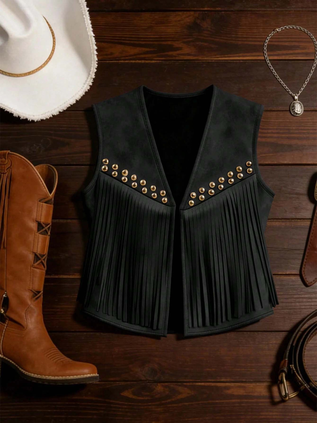 Women’s suede-look vest with gold studs and long fringe tassels, dark gray color