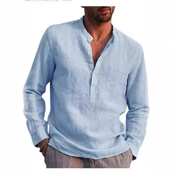 Camisa informal de lino para playa de manga larga para hombre