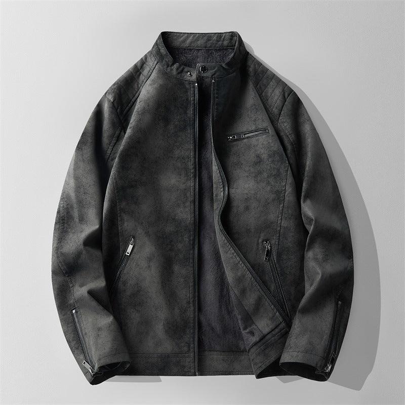Men's fleece-lined stand collar leather jacket, black, front zip with angled utility pocket