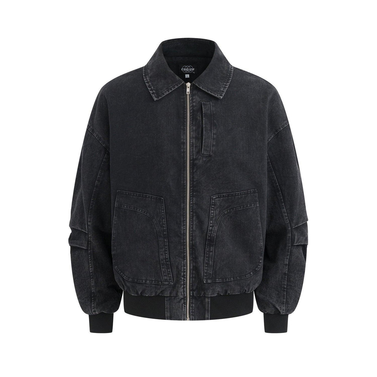Black denim-style bomber jacket with zip closure and patch pockets