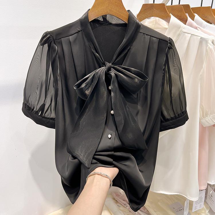 Pure Color Tied Single-breasted Short Sleeve Shirt For Women - WOMONA.COM