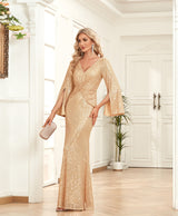 Gold Sequin Slim Fishtail Bridesmaid Banquet Evening Dress - WOMONA.COM