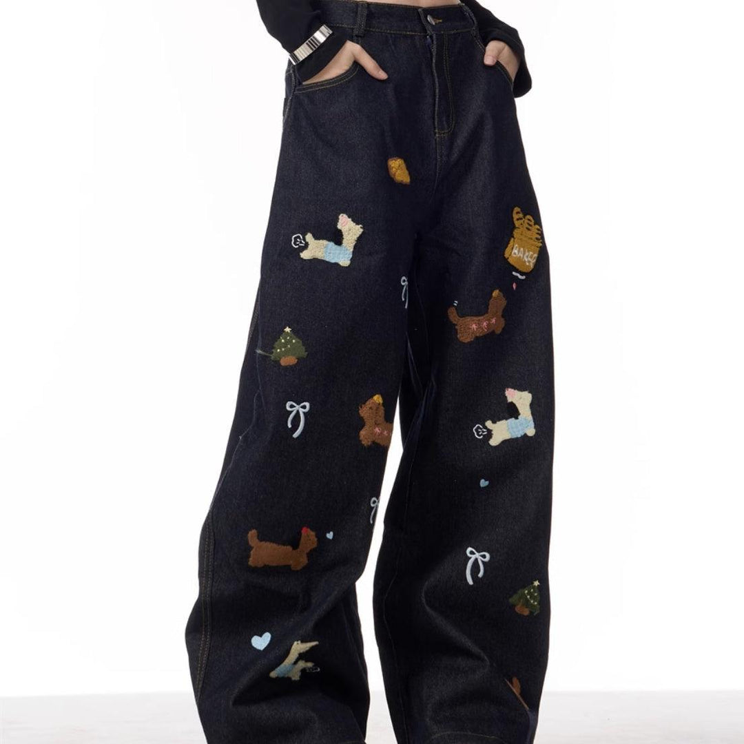 Black wide-leg patchwork jeans with multicolor dachshund prints and button fly