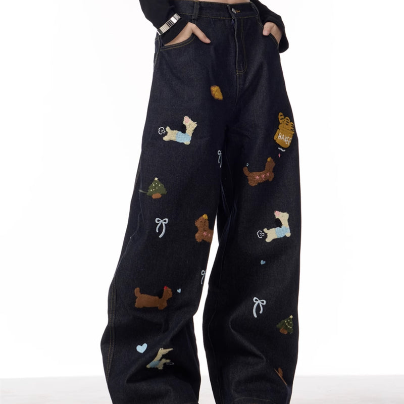 Pantalones vaqueros holgados e informales de pierna ancha con diseño de perro salchicha para mujer