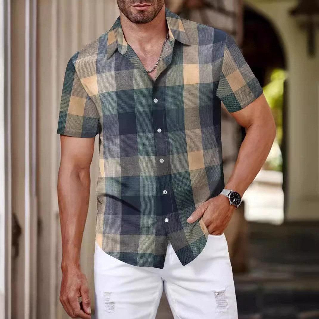 Men's short-sleeve plaid shirt, green/blue check, button-front and chest pocket