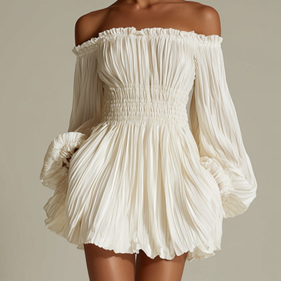 Off-shoulder pleated mini dress in milky white with waist cinch and long puff sleeves.