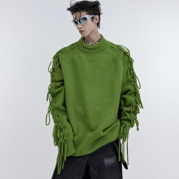 Deconstructed Fringe Design Crease Crease Neck Knit Sweater - WOMONA.COM