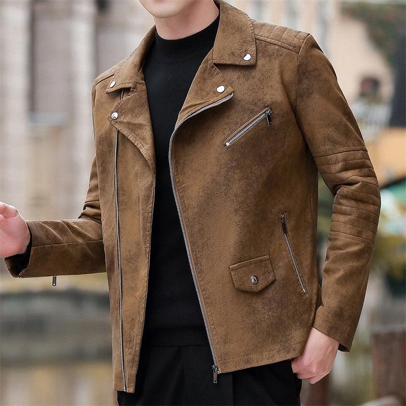 Brown velvet padded leather biker coat, stand collar, zip front, zip chest pocket